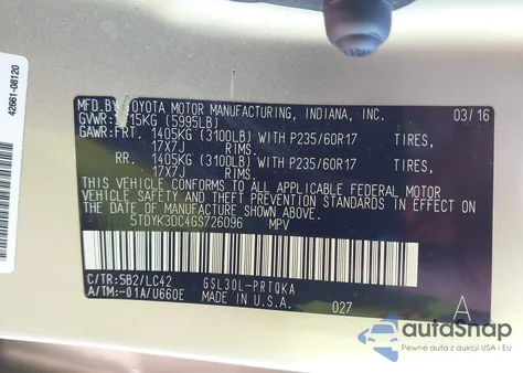 2016 Toyota Sienna Xle Premium 8 Passenger z USA, uszkodzony, nr VIN 5TDYK3DC4GS726096